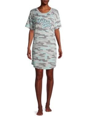 Secret Treasures Camo Sleepshirt Womens Size S Take It Easy Nightgown Mint Gray